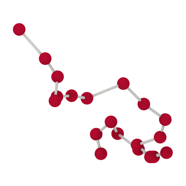 Schematic of a polymer chain modeled as beads or monomers (red spheres) connected by harmonic springs (gray lines).